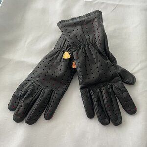 Vintage Moschino Genuine Leather Gloves Black Red Lining Size 7.5